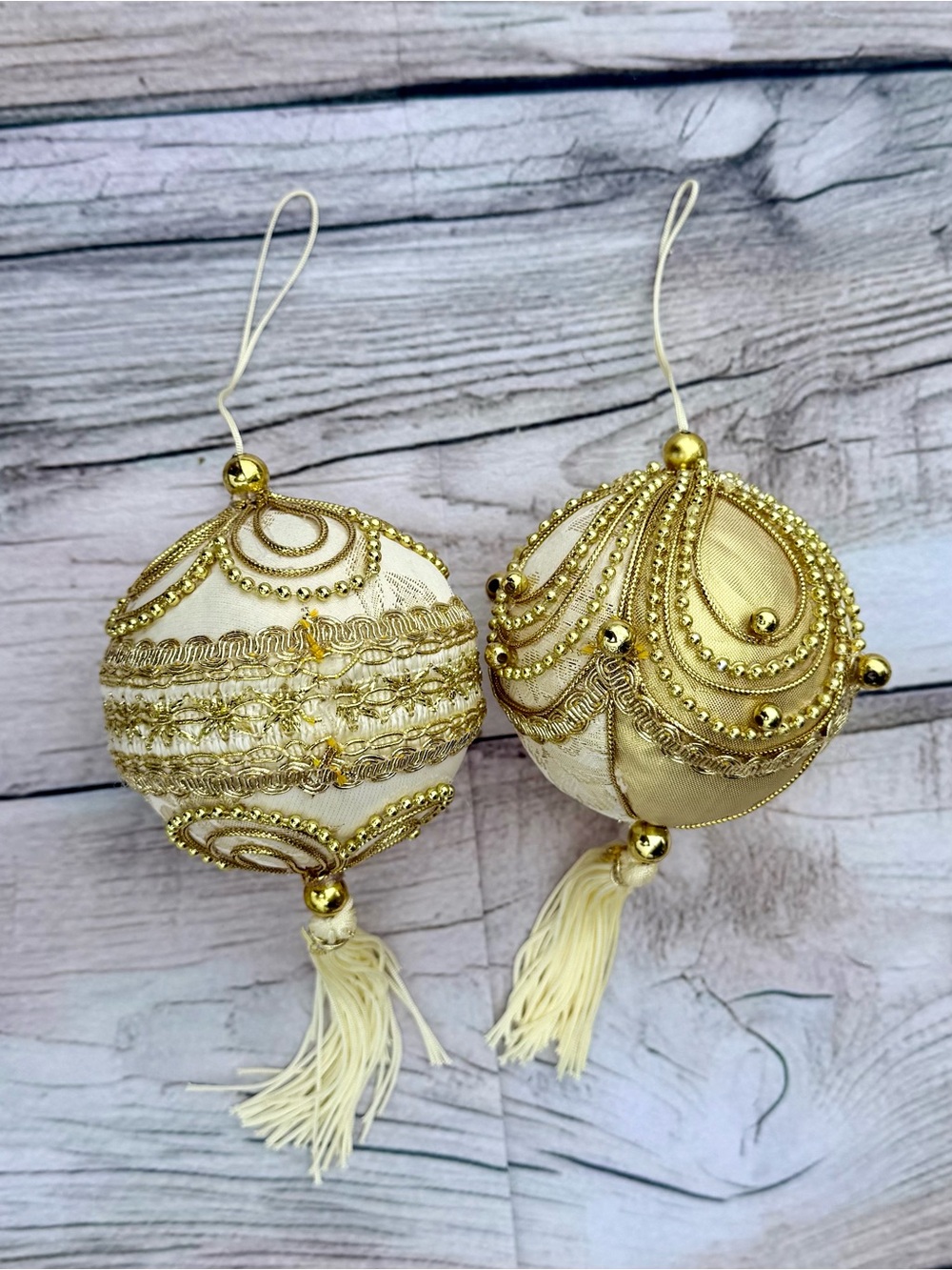 Vintage Bead & Tassel Ornaments Gold/Off White Set Of 2